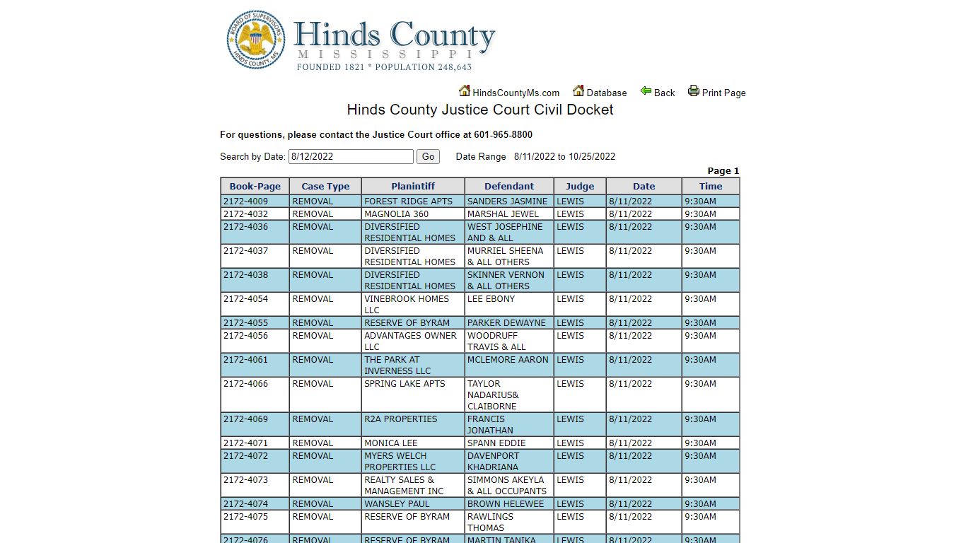 Hinds County Justice Court Civil Docket